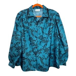 Lady Manhattan Blouse Womens 1X Teal Black Damask Floral Button Top Baroque Chic